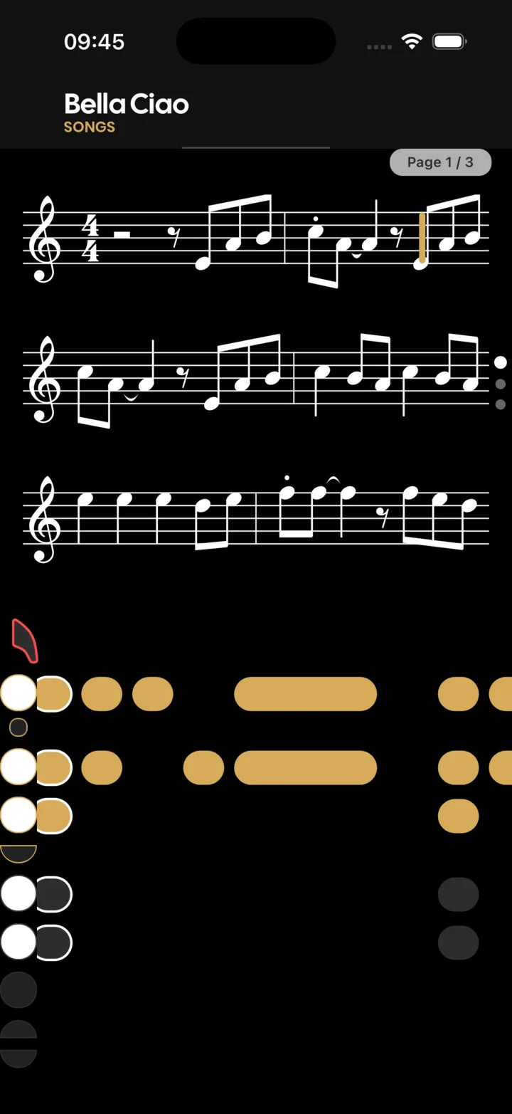 Animated saxophone fingerings shown beneath the score