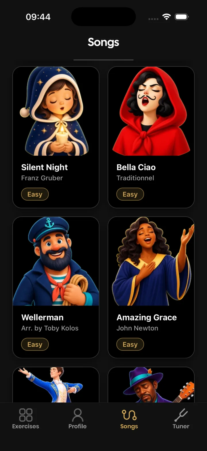 SaxoTools song library with illustrated song cards